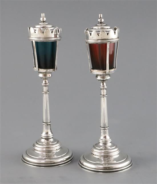 A pair of George V novelty silver club lighters modelled as street lamps, by Grey & Co, H.20.3cm.